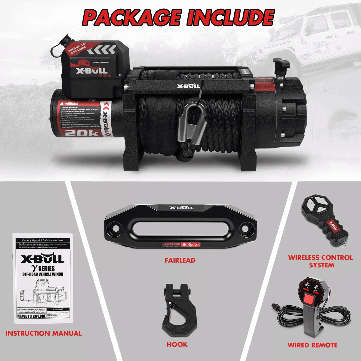 X-BULL 12V Electric Winch 20000LBS Synthetic Rope Truck Trailer Winch 4X4 4WD