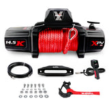 X-BULL 12V Electric Winch 14500LBS synthetic rope with 4PCS Recovery Tracks Gen3.0 Black - Front View