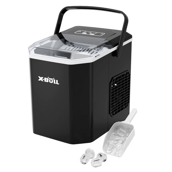 Commercial Portable Ice Maker Machine by X-BULL - 12kg Daily Production, 2 Sizes of Bullet Ice, Black Countertop Design