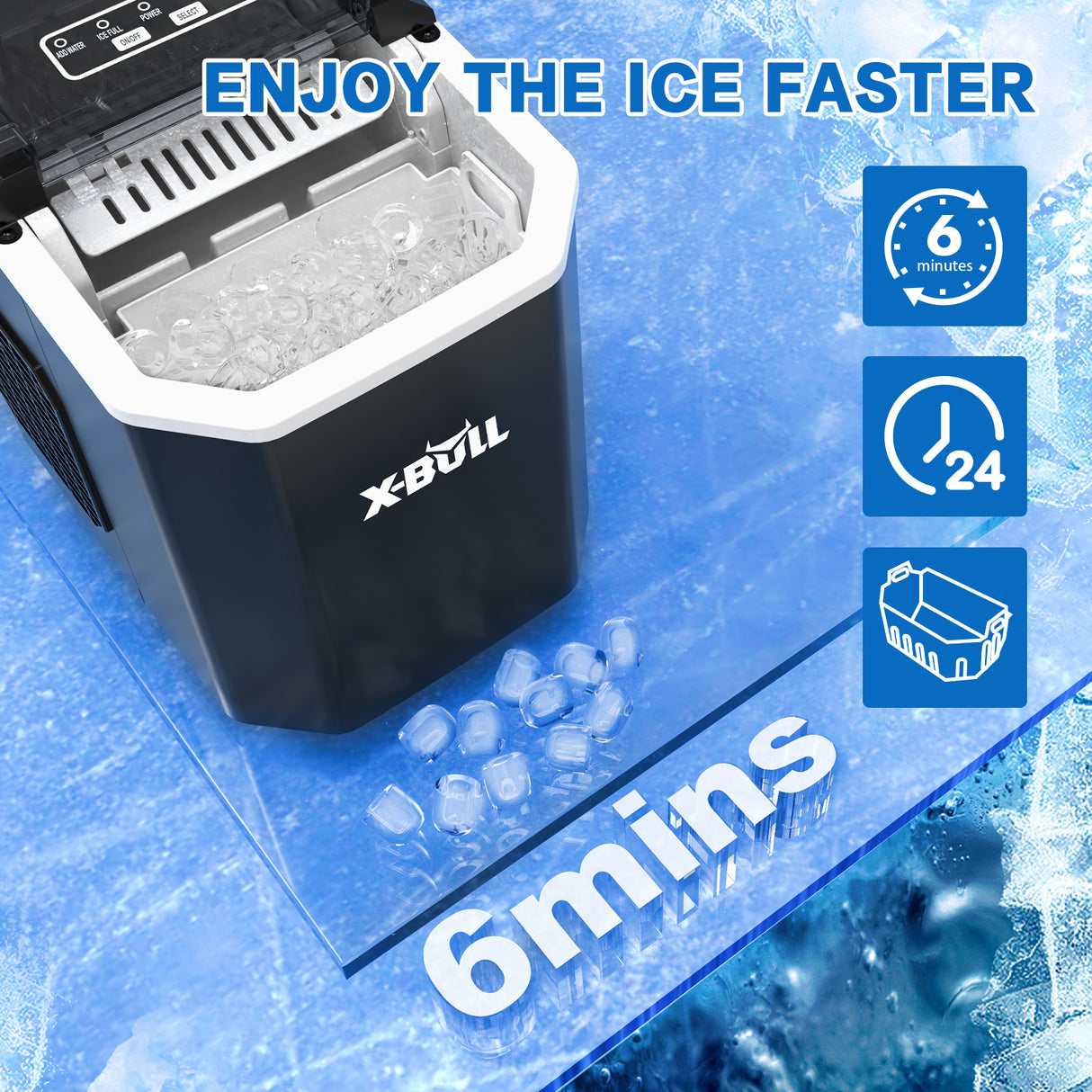 Commercial Portable Ice Maker Machine by X-BULL - 12kg Daily Production, 2 Sizes of Bullet Ice, Black Countertop Design