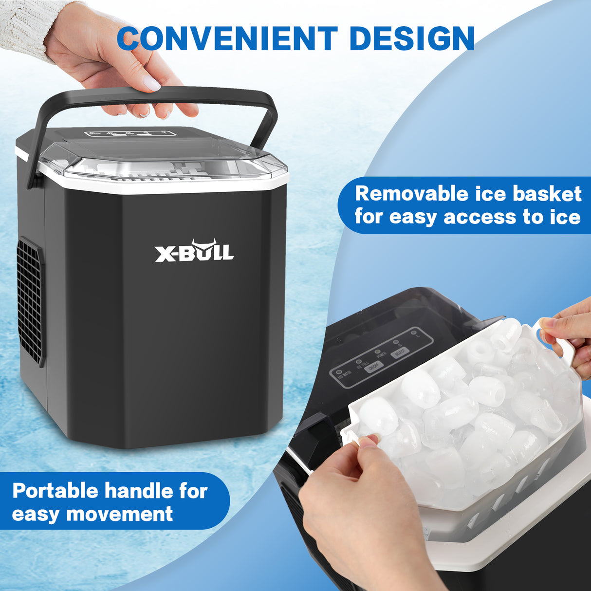Commercial Portable Ice Maker Machine by X-BULL - 12kg Daily Production, 2 Sizes of Bullet Ice, Black Countertop Design