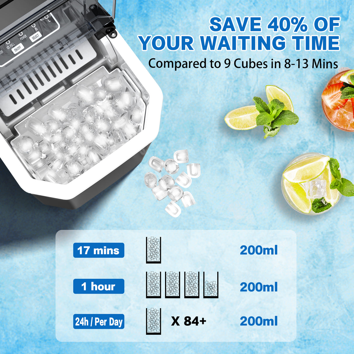 Commercial Portable Ice Maker Machine by X-BULL - 12kg Daily Production, 2 Sizes of Bullet Ice, Black Countertop Design