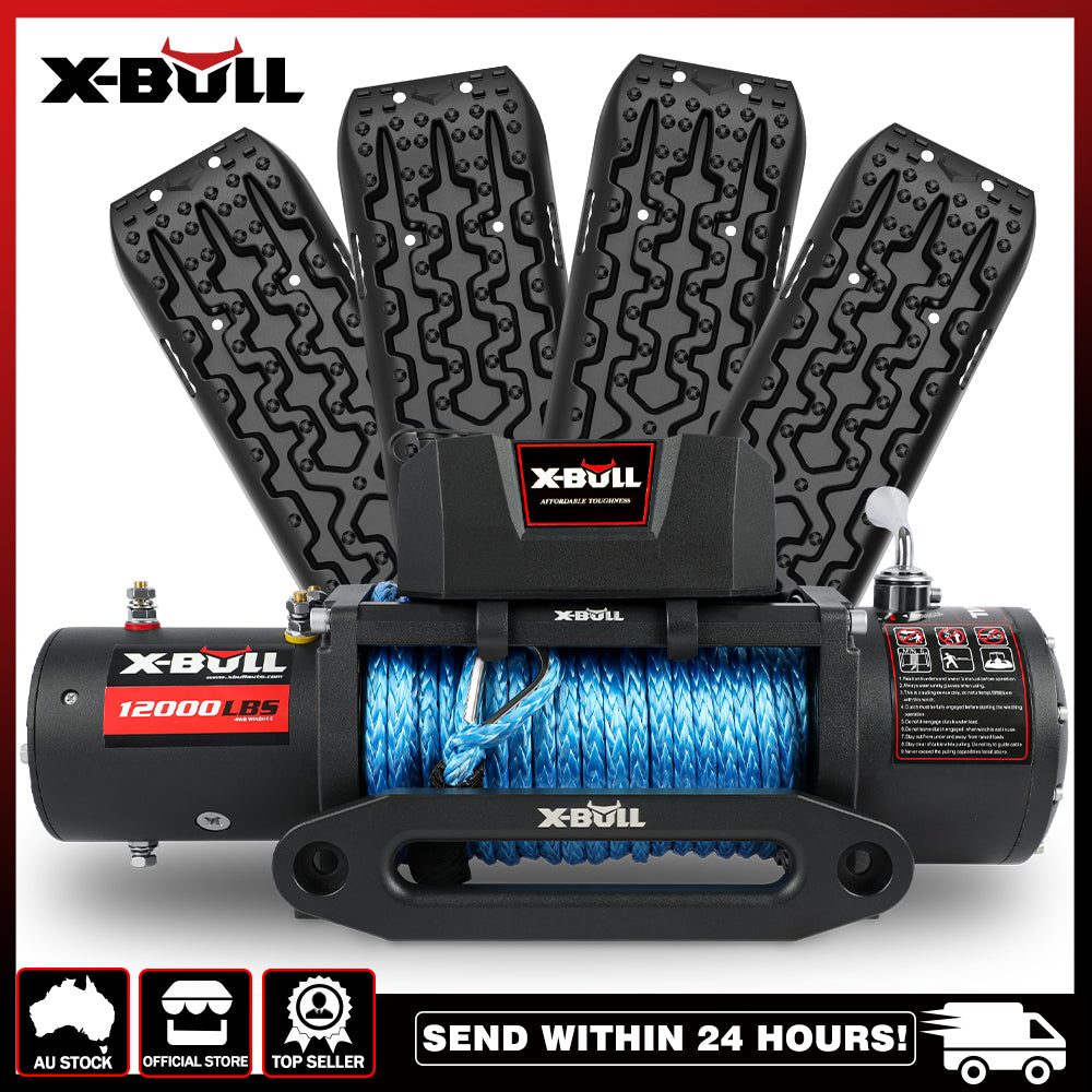 X-BULL 12000LBS 12V Electric Winch with Synthetic Rope and 4 Gen3.0 Recovery Tracks - Black Edition