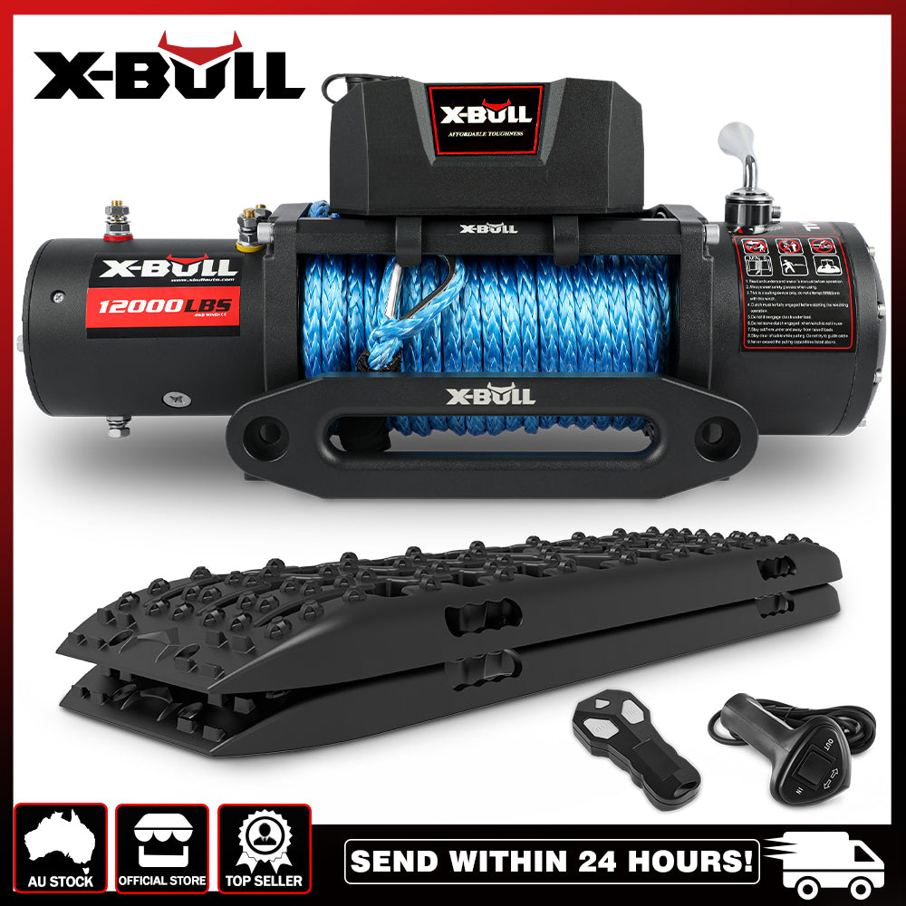 X-BULL 12000LB 12V Electric Winch with Synthetic Rope & Recovery Tracks Gen3.0 - Black Edition