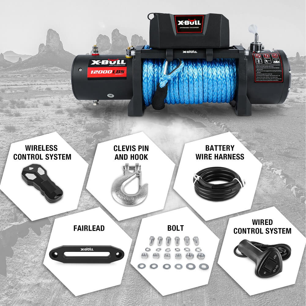 X-BULL 12000LB 12V Electric Winch with Synthetic Rope & Recovery Tracks Gen3.0 - Black Edition