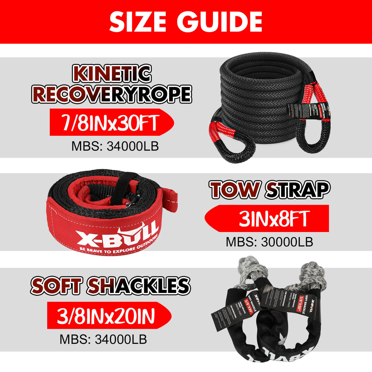 X-BULL 4WD Off-Road Recovery Kit - 12000LBS Electric Winch with Kinetic Recovery Rope and Accessories
