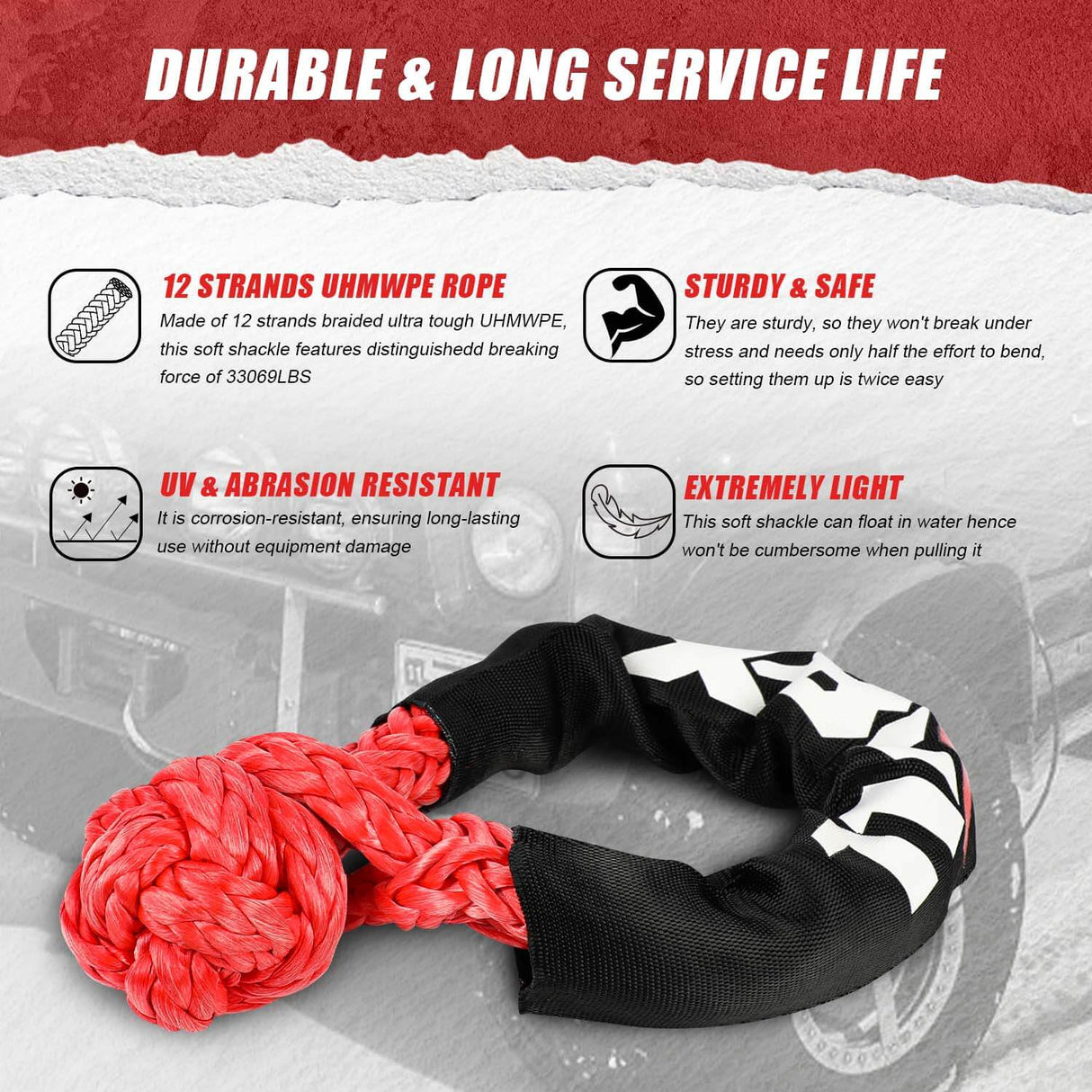 X-BULL 4WD Off-Road Recovery Kit - 12000LBS Electric Winch with Kinetic Recovery Rope and Accessories