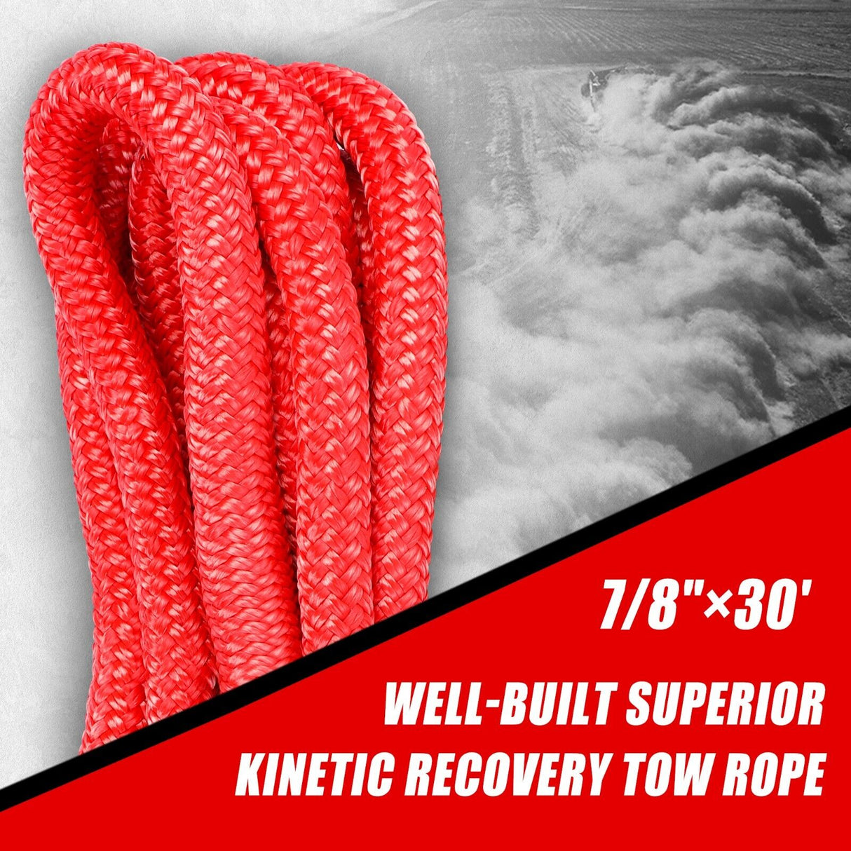 X-BULL 30ft Heavy-Duty Kinetic Recovery Rope with Carry Bag and Soft Shackles