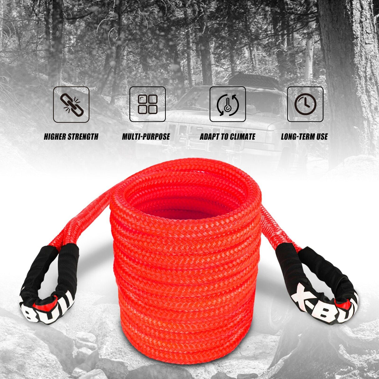 X-BULL 30ft Heavy-Duty Kinetic Recovery Rope with Carry Bag and Soft Shackles