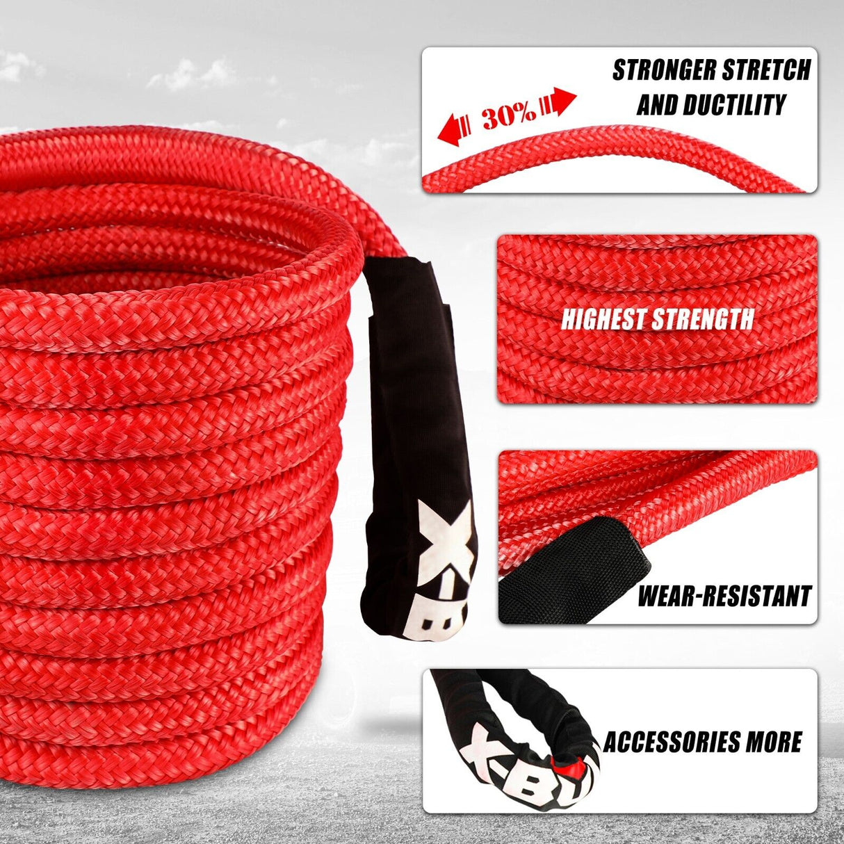 X-BULL 30ft Heavy-Duty Kinetic Recovery Rope with Carry Bag and Soft Shackles