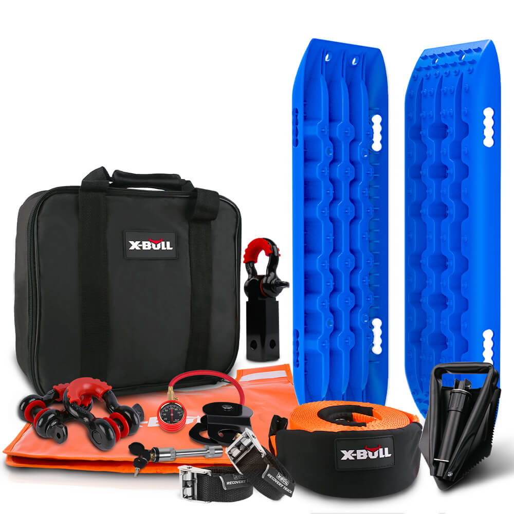 X-BULL 4WD Recovery Essentials Kit with Gen 2.0 Blue Recovery Tracks, Snatch Strap, and Complete Off-Road Accessories