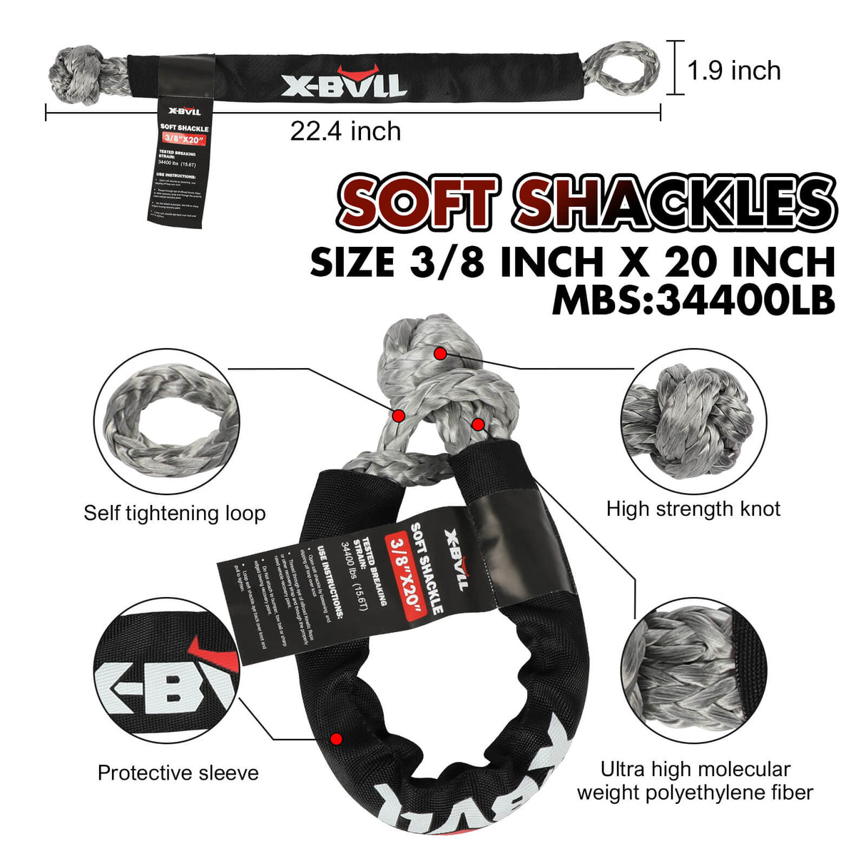 X-BULL Snatch Strap Soft Shackles Kinetic Recovery Rope Folding Shovel Survival