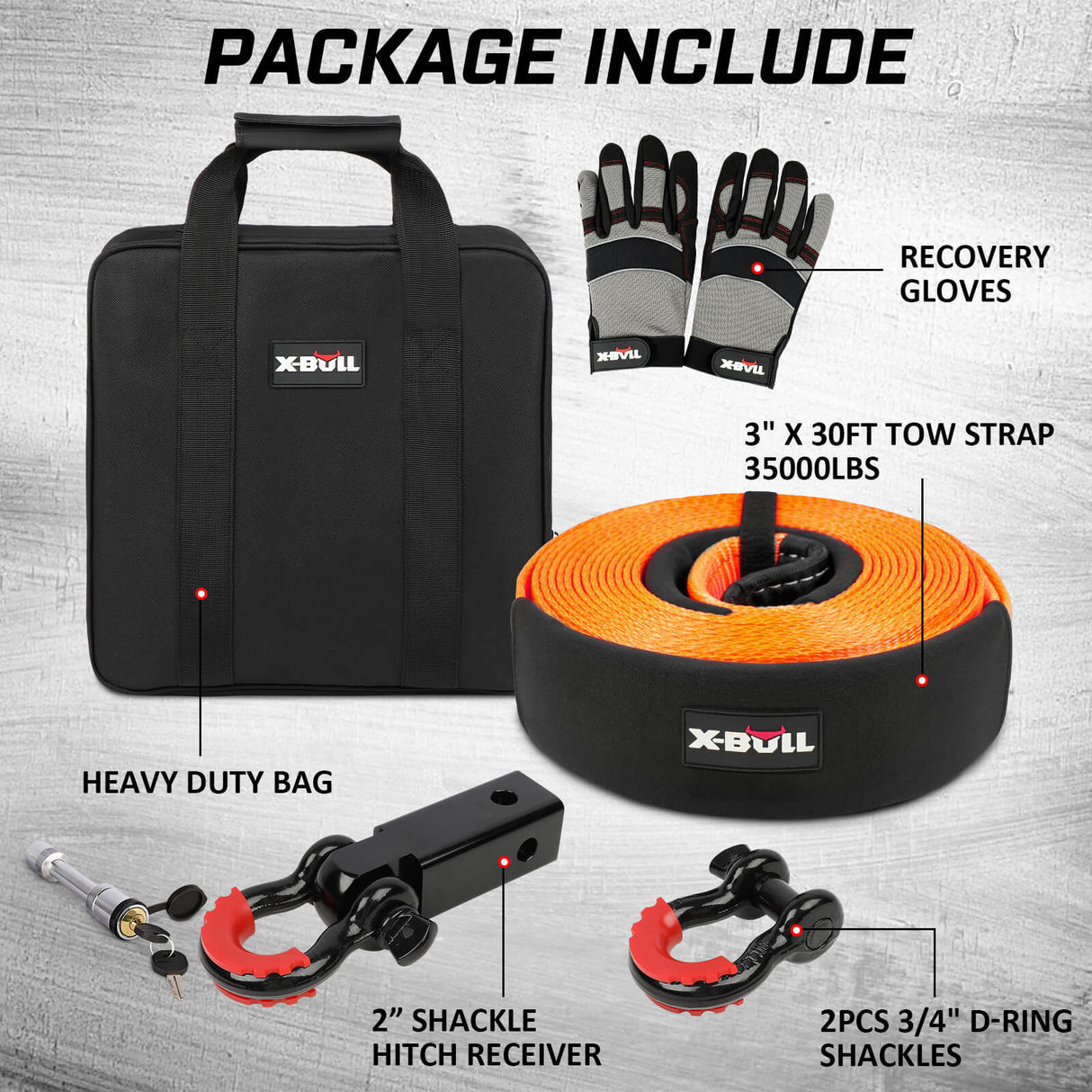 X-BULL Complete Off-Road Recovery Gear Kit with Snatch Strap, Hitch Receiver, and Shackles