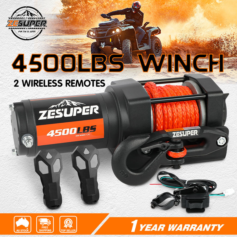 ZESUPER 4500lb 12V electric winch with nylon rope, black steel shell