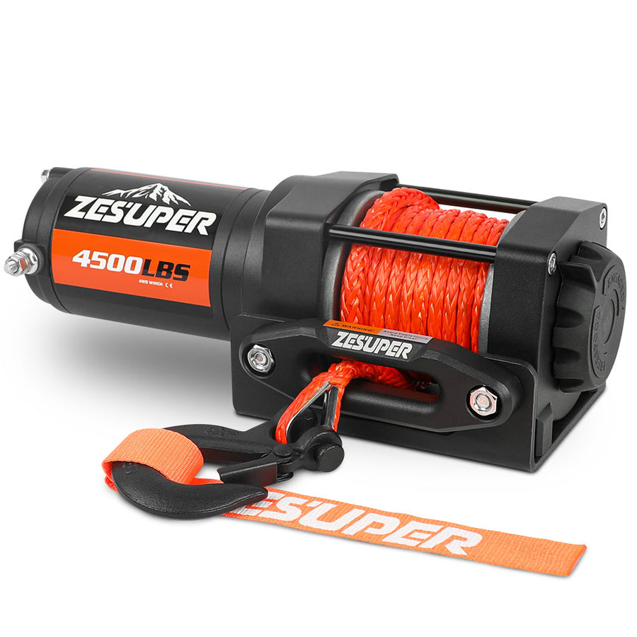ZESUPER 4500lb 12V electric winch with nylon rope, black steel shell, 3 stage planetary gear train