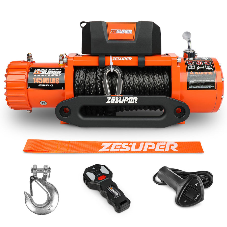 ZESUPER 12V electric winch 14500lbs with synthetic rope and fairlead