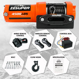4500lb Electric Winch 12V Synthetic Rope Wireless RemoteX2 ATV Winch Kit Boat Winch UTV 4WD Orange - Front View