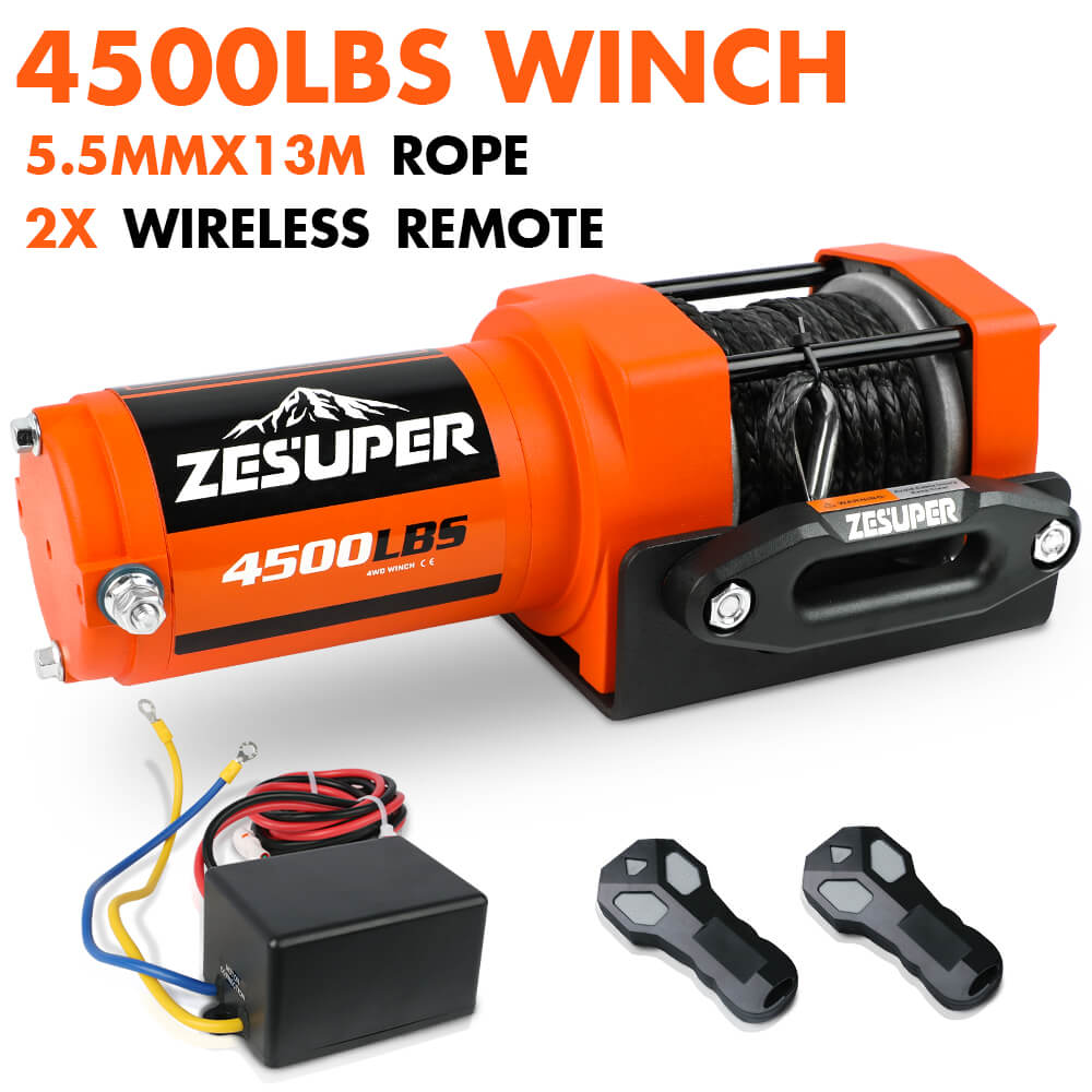 4500lb Electric Winch 12V Synthetic Rope Wireless RemoteX2 ATV Winch Kit Boat Winch UTV 4WD Orange