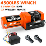 4500lb Electric Winch 12V Synthetic Rope Wireless RemoteX2 ATV Winch Kit Boat Winch UTV 4WD Orange