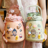 1000ml Large Water Bottle Stainless Steel Straw Water Jug with FREE Sticker Packs (Pink) - Side View