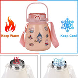 1000ml Large Water Bottle Stainless Steel Straw Water Jug with FREE Sticker Packs (Pink) - Low Angle