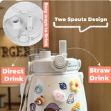 1000ml Large Water Bottle Stainless Steel Straw Water Jug with FREE Sticker Packs (White) - 45-Degree Angle