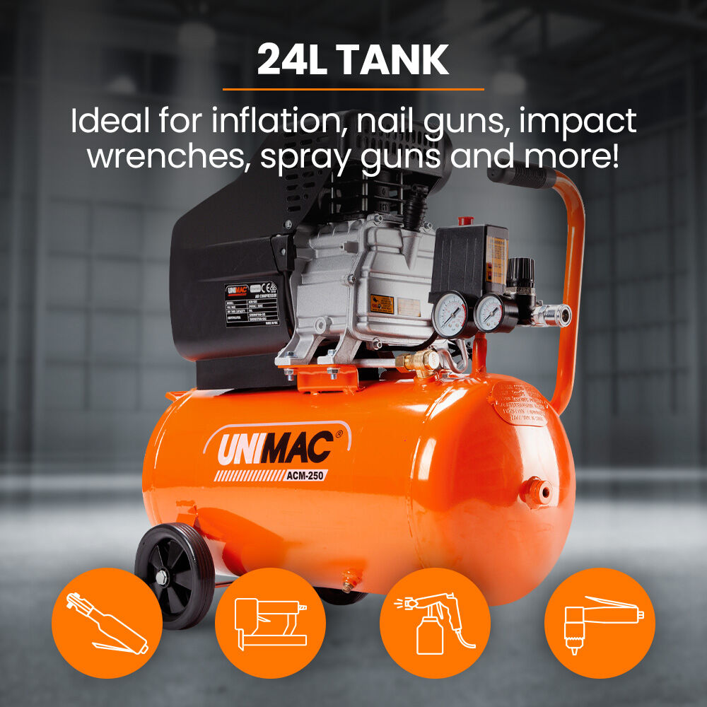 UNIMAC 24L 2.0HP Air Compressor, Direct Drive, 2 Couplers for Airtools Tyre Inflation, Portable, Electric