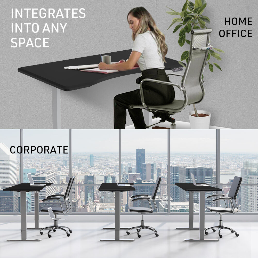 FORTIA Sit To Stand Up Standing Desk 150x68cm 72-118cm Electric Height Adjustable Ergonomically Curved Edge 50kg Rated Black/Silver Frame