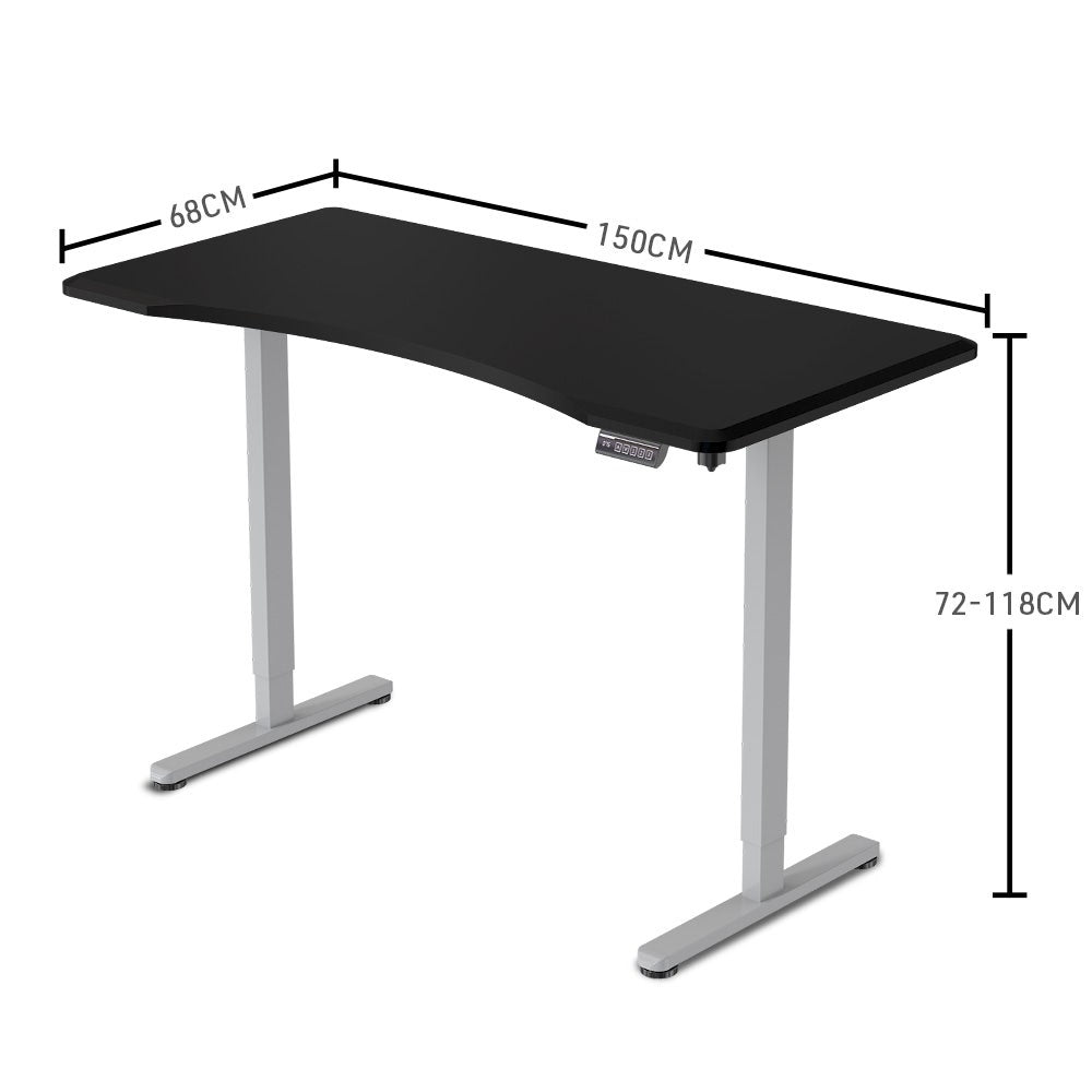 FORTIA Sit To Stand Up Standing Desk 150x68cm 72-118cm Electric Height Adjustable Ergonomically Curved Edge 50kg Rated Black/Silver Frame