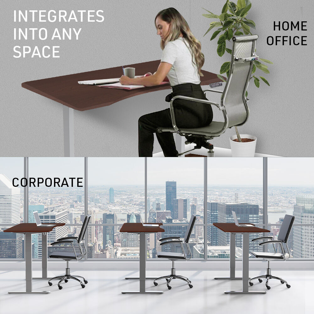 FORTIA Sit To Stand Up Standing Desk 150x68cm 72-118cm Electric Height Adjustable Ergonomically Curved Edge 50kg Rated Walnut Style/Silver Frame
