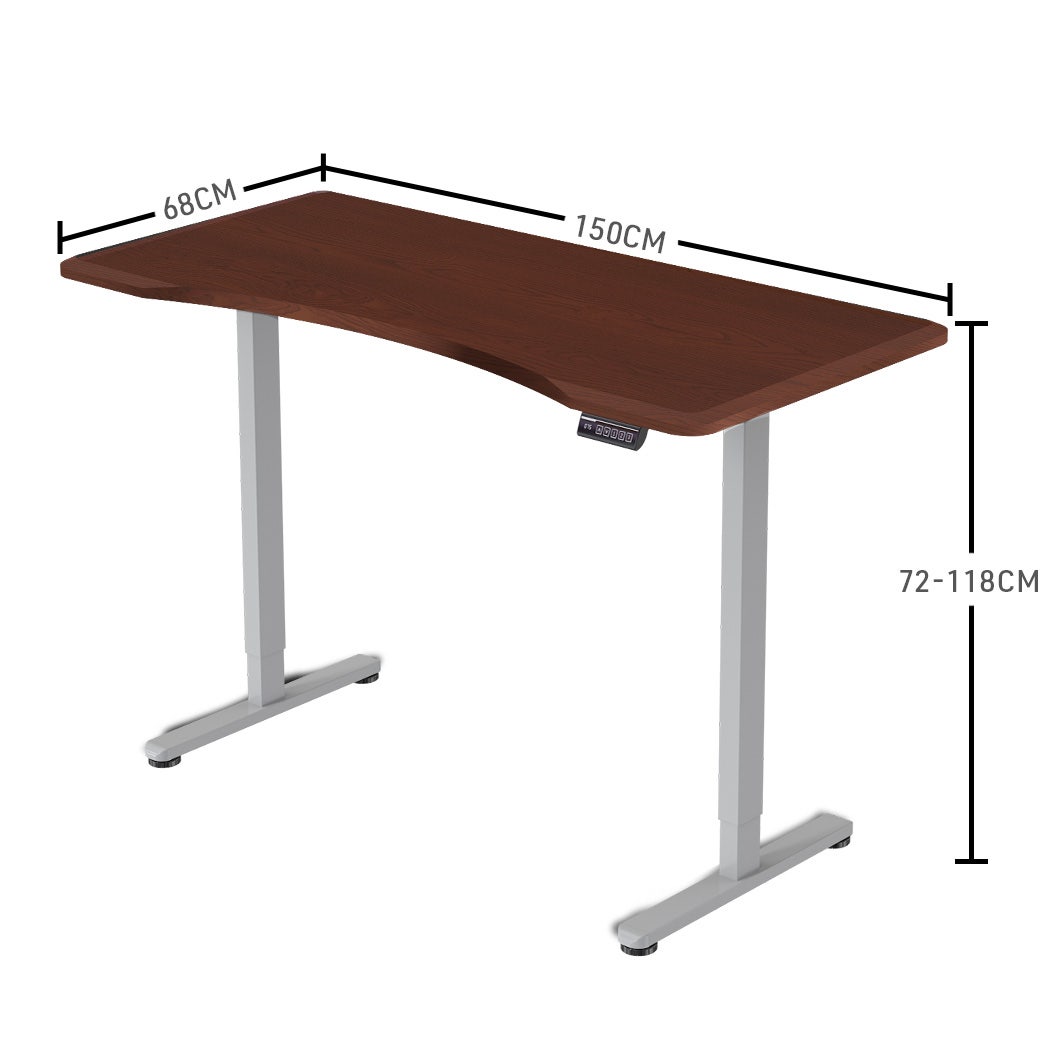 FORTIA Sit To Stand Up Standing Desk 150x68cm 72-118cm Electric Height Adjustable Ergonomically Curved Edge 50kg Rated Walnut Style/Silver Frame