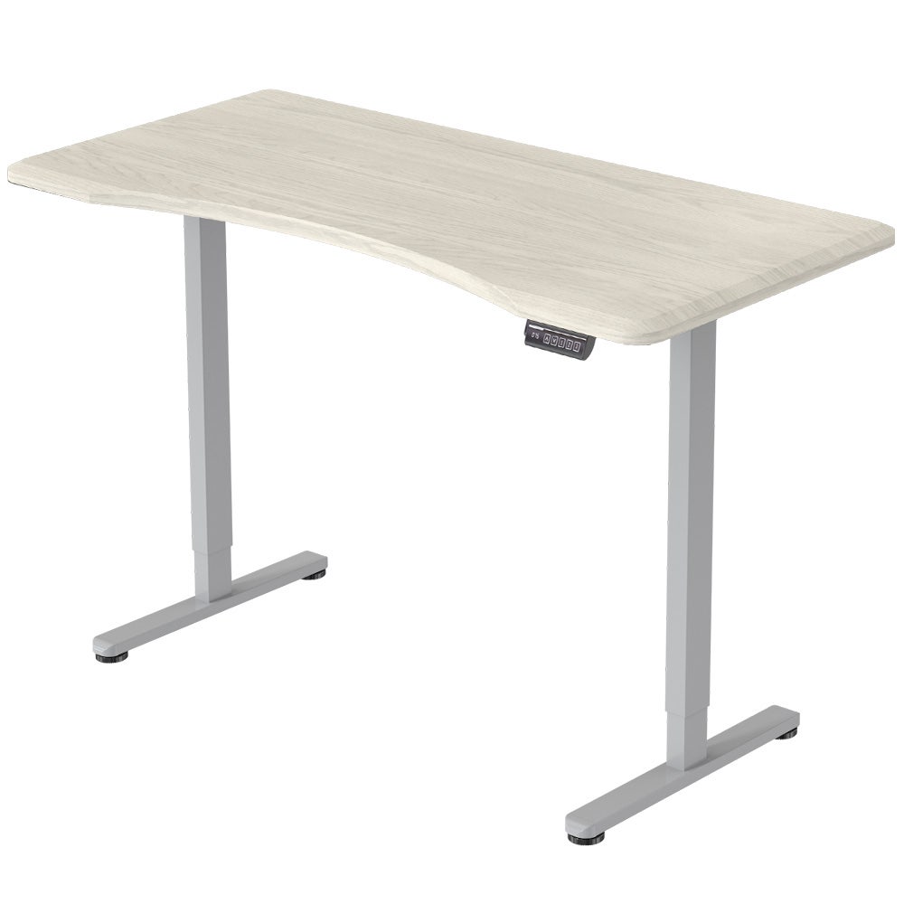 FORTIA Sit To Stand Up Standing Desk 150x68cm 72-118cm Electric Height Adjustable Ergonomically Curved Edge 50kg Rated White Oak Style/Silver Frame