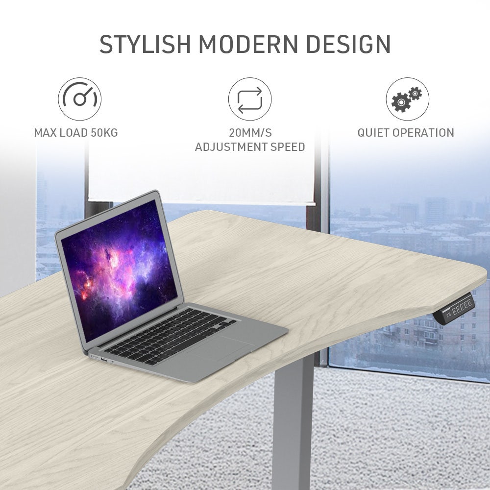 FORTIA Sit To Stand Up Standing Desk 150x68cm 72-118cm Electric Height Adjustable Ergonomically Curved Edge 50kg Rated White Oak Style/Silver Frame