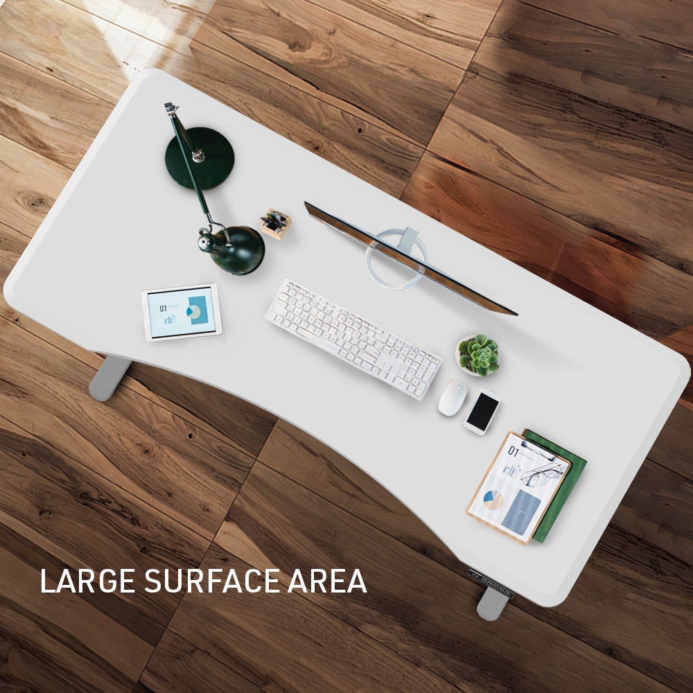 FORTIA Sit To Stand Up Standing Desk 150x68cm 72-118cm Electric Height Adjustable Ergonomically Curved Edge 50kg Rated White/Silver Frame