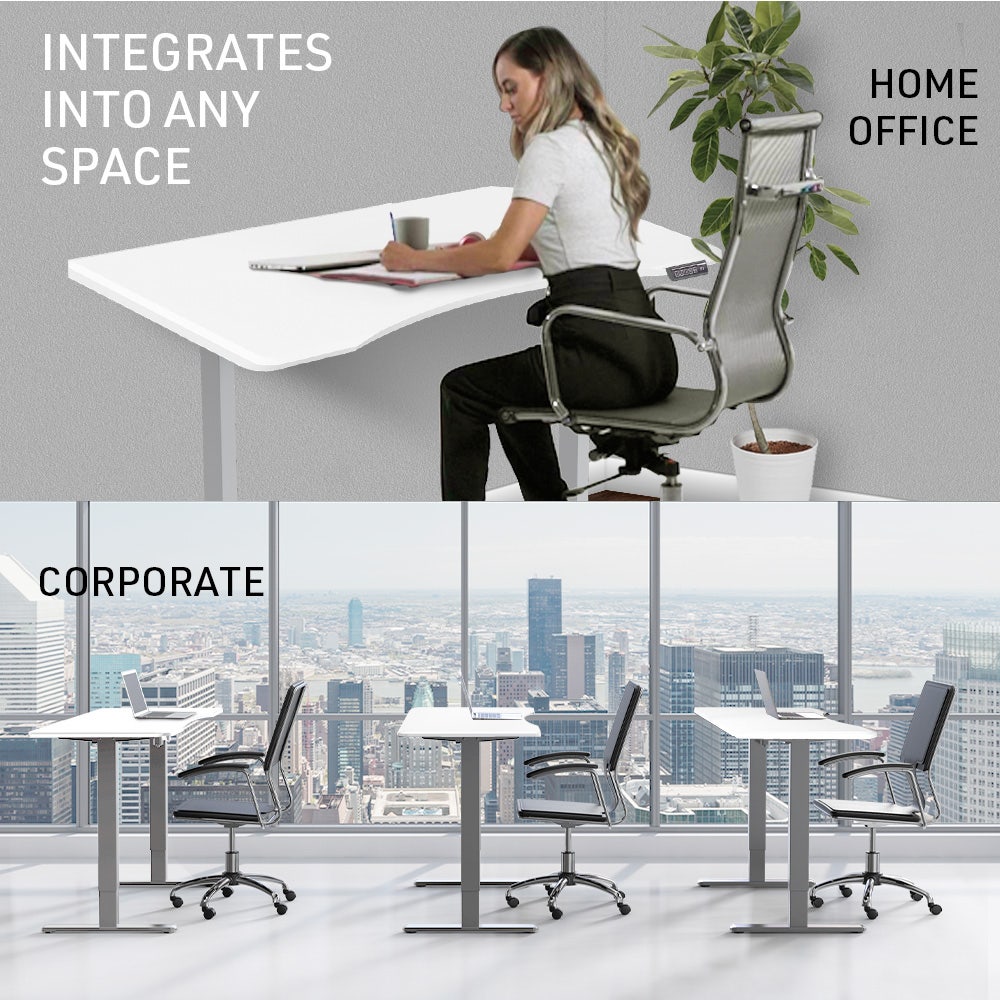 FORTIA Sit To Stand Up Standing Desk 150x68cm 72-118cm Electric Height Adjustable Ergonomically Curved Edge 50kg Rated White/Silver Frame