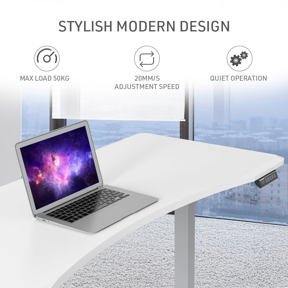 FORTIA Sit To Stand Up Standing Desk 150x68cm 72-118cm Electric Height Adjustable Ergonomically Curved Edge 50kg Rated White/Silver Frame