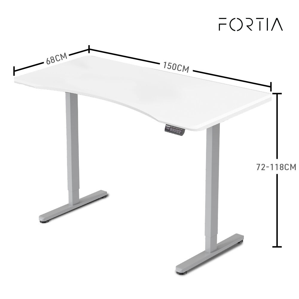 FORTIA Sit To Stand Up Standing Desk 150x68cm 72-118cm Electric Height Adjustable Ergonomically Curved Edge 50kg Rated White/Silver Frame