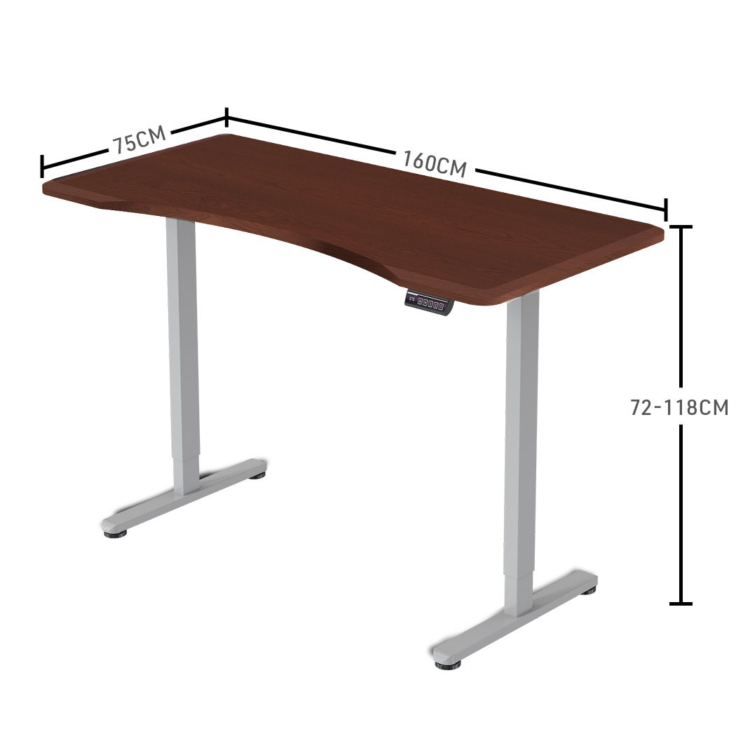 FORTIA Sit To Stand Up Standing Desk 160x75cm 72-118cm Electric Height Adjustable Ergonomically Curved Edge 50kg Rated Walnut Style/Silver Frame