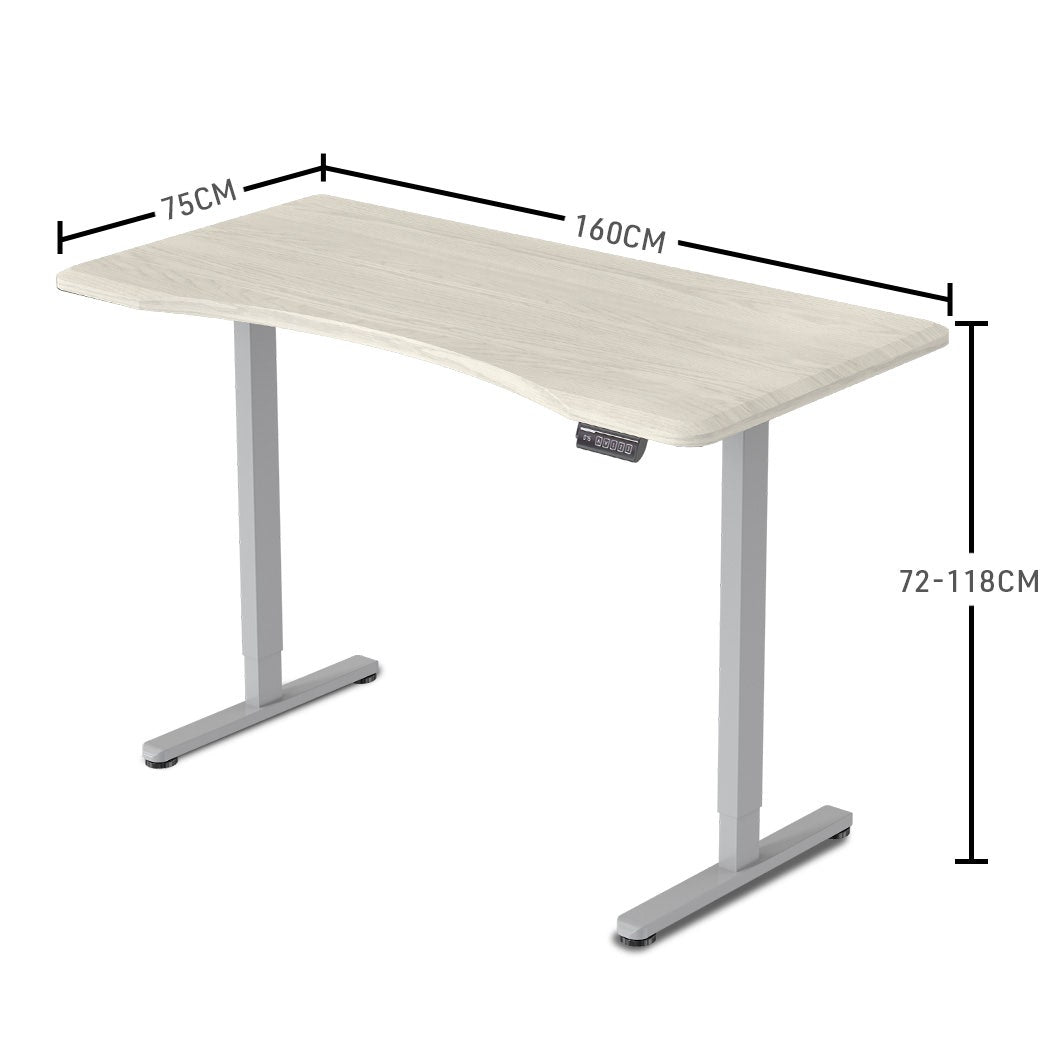 FORTIA Sit To Stand Up Standing Desk 160x75cm 72-118cm Electric Height Adjustable Ergonomically Curved Edge 50kg Rated White Oak Style/Silver Frame
