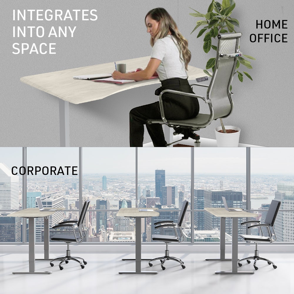 FORTIA Sit To Stand Up Standing Desk 160x75cm 72-118cm Electric Height Adjustable Ergonomically Curved Edge 50kg Rated White Oak Style/Silver Frame
