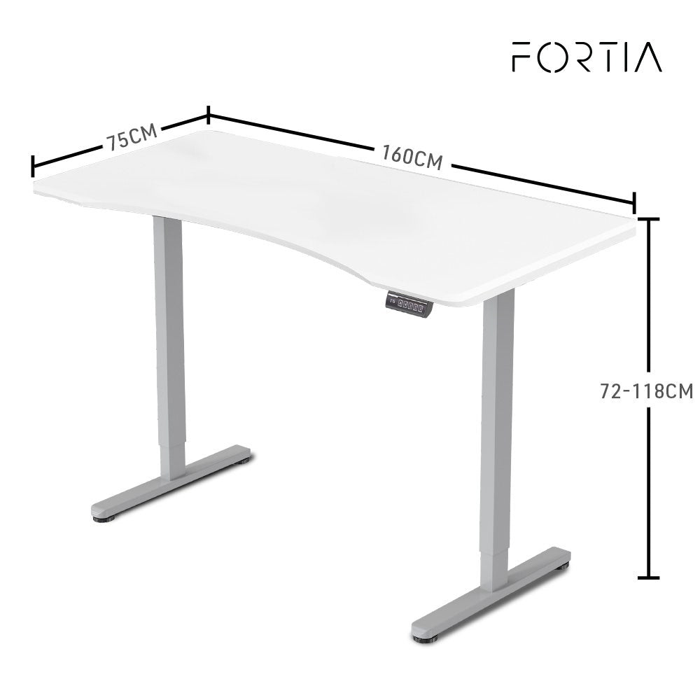 FORTIA Sit To Stand Up Standing Desk 160x75cm 72-118cm Electric Height Adjustable Ergonomically Curved Edge 50kg Rated White/Silver Frame