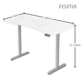 FORTIA Sit To Stand Up Standing Desk 160x75cm 72-118cm Electric Height Adjustable Ergonomically Curved Edge 50kg Rated White/Silver Frame - Front View