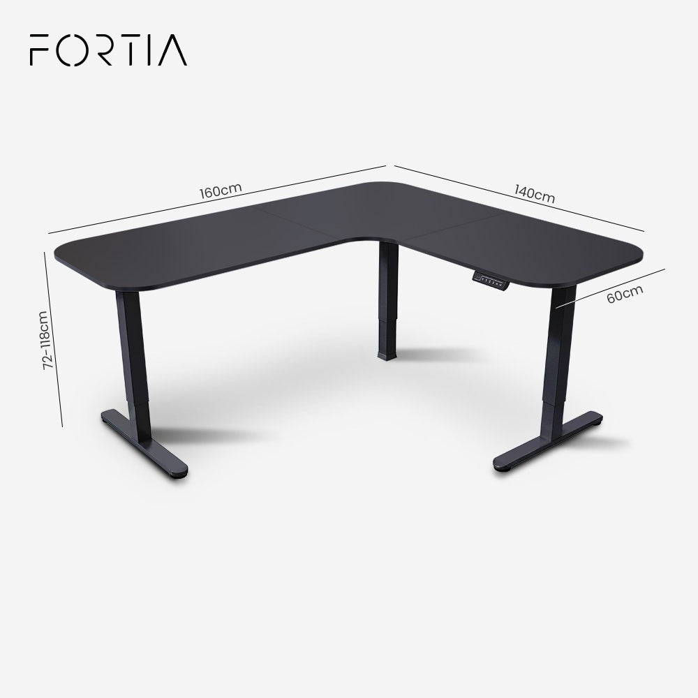 FORTIA Corner Standing Desk, 160x140cm, 72-118cm Sit to Stand Up Electric Height Adjustable, Black