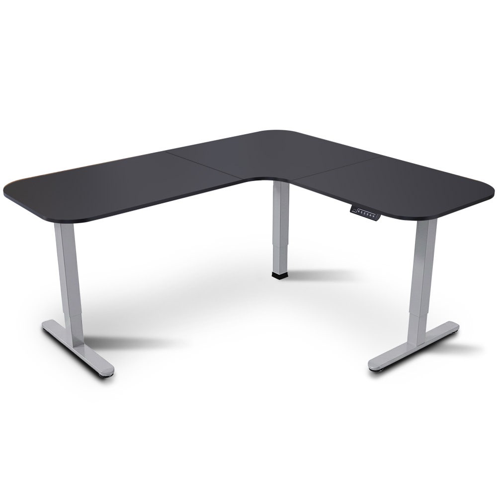 FORTIA Corner Standing Desk, 160x140cm, 72-118cm Sit to Stand Up Electric Height Adjustable, Black Desktop/Silver Frame