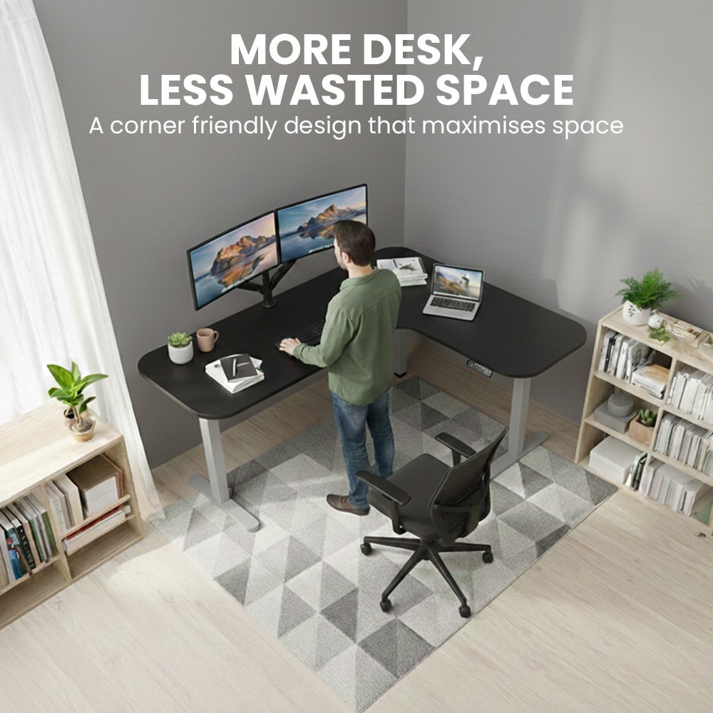 FORTIA Corner Standing Desk, 160x140cm, 72-118cm Sit to Stand Up Electric Height Adjustable, Black Desktop/Silver Frame
