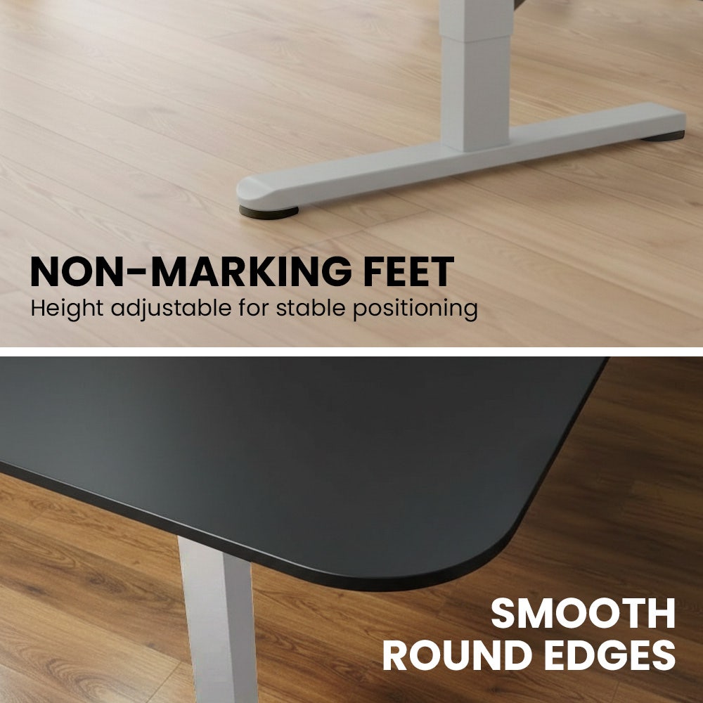 FORTIA Corner Standing Desk, 160x140cm, 72-118cm Sit to Stand Up Electric Height Adjustable, Black Desktop/Silver Frame