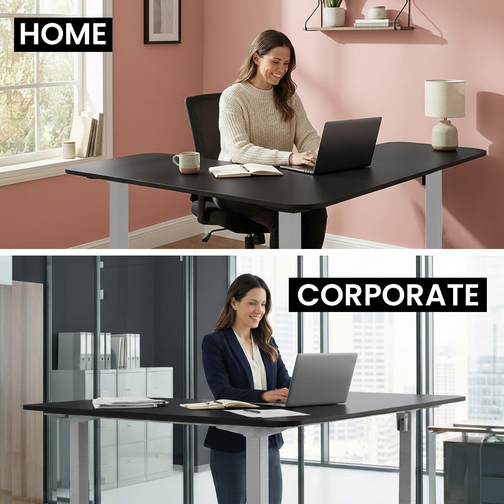 FORTIA Corner Standing Desk, 160x140cm, 72-118cm Sit to Stand Up Electric Height Adjustable, Black Desktop/Silver Frame