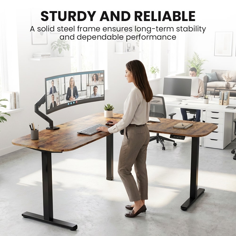 FORTIA Corner Standing Desk, 160x140cm, 72-118cm Sit to Stand Up Electric Height Adjustable, Walnut Style Desktop/Black Frame