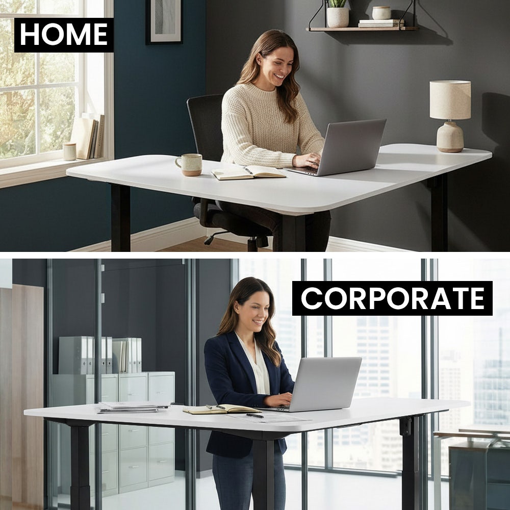 FORTIA Corner Standing Desk, 160x140cm, 72-118cm Sit to Stand Up Electric Height Adjustable, White Desktop/Black Frame