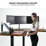 FORTIA 173W x 173W x 75D 3-Motor 120kg Load Adjustable Electric Sit to Stand Up Corner Desk - Walnut/Black Frame - Side View